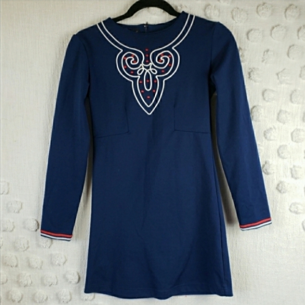 Pop England  Retro Blue Embroidered Mini Dress